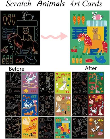 SuyuanArt Dinosaur Animal Unicorn Space Scratch Art Cards and Black Rainbow Scratch Art Paper Set,with Scratching Wooden Sticks,Scratch Off Picture for Boys Girls Birthday Party Favors in Saudi Arabia
