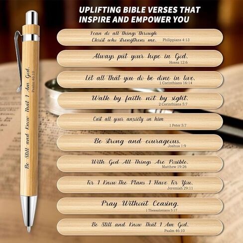 10 قطع من أقلام آية الكتاب المقدس، هدايا مسيحية، أقلام مسيحية من الخيزران مقاس 1 مم، اقتباسات ملهمة من الكتاب المقدس، أقلام حبر جاف، أقلام كتابية تحفيزية للنساء والرجال، هدايا دينية للمكتب والمدرسة (كلاسيكية، 10) in Kuwait