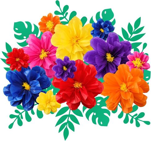 Geyee 12 Pcs 10" 20" Giant Mexican Paper Flowers and 16 Pcs Leaves, Large Colorful Fiesta Tissue Crepe Flowers Pom Poms Craft for Floral Party Backdrop Carnival Wedding Birthday Decor(Elegant Color) in Kuwait