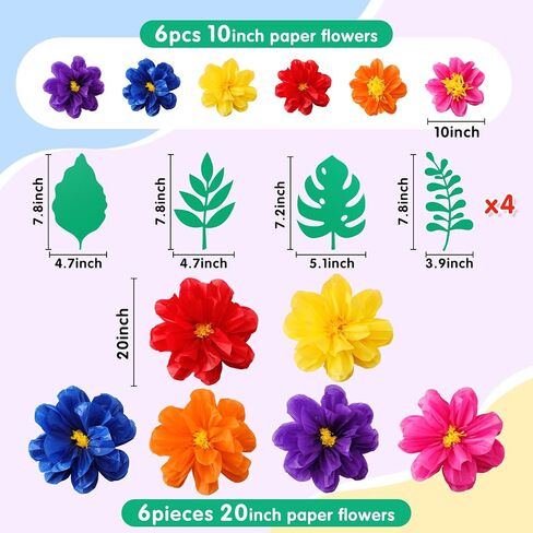 Geyee 12 Pcs 10" 20" Giant Mexican Paper Flowers and 16 Pcs Leaves, Large Colorful Fiesta Tissue Crepe Flowers Pom Poms Craft for Floral Party Backdrop Carnival Wedding Birthday Decor(Elegant Color) in Kuwait