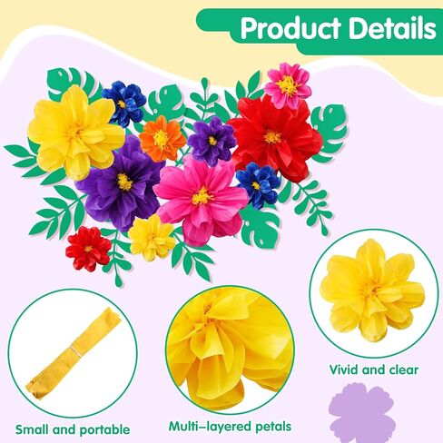 Geyee 12 Pcs 10" 20" Giant Mexican Paper Flowers and 16 Pcs Leaves, Large Colorful Fiesta Tissue Crepe Flowers Pom Poms Craft for Floral Party Backdrop Carnival Wedding Birthday Decor(Elegant Color) in Kuwait