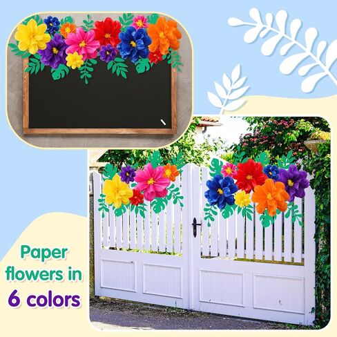 Geyee 12 Pcs 10" 20" Giant Mexican Paper Flowers and 16 Pcs Leaves, Large Colorful Fiesta Tissue Crepe Flowers Pom Poms Craft for Floral Party Backdrop Carnival Wedding Birthday Decor(Elegant Color) in Kuwait