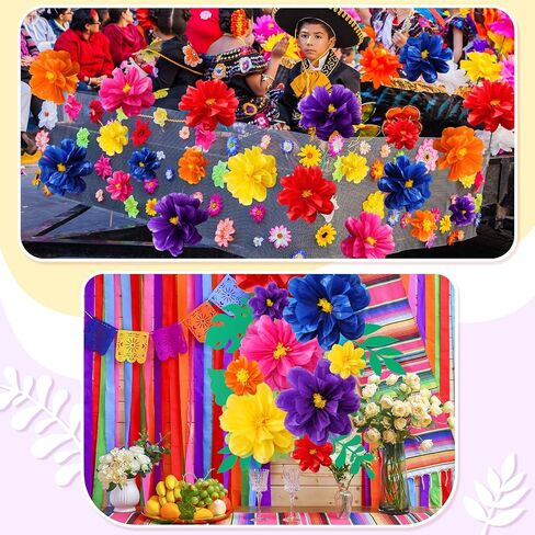 Geyee 12 Pcs 10" 20" Giant Mexican Paper Flowers and 16 Pcs Leaves, Large Colorful Fiesta Tissue Crepe Flowers Pom Poms Craft for Floral Party Backdrop Carnival Wedding Birthday Decor(Elegant Color) in Kuwait