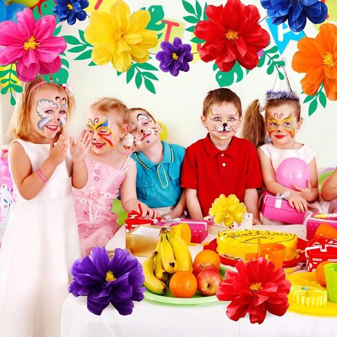 Geyee 12 Pcs 10" 20" Giant Mexican Paper Flowers and 16 Pcs Leaves, Large Colorful Fiesta Tissue Crepe Flowers Pom Poms Craft for Floral Party Backdrop Carnival Wedding Birthday Decor(Elegant Color) in Kuwait