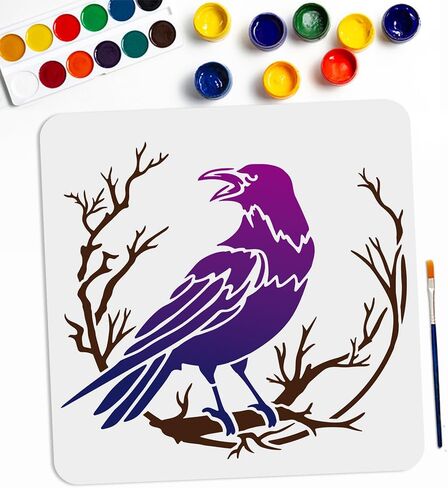 Mayjoydiy Crow Branch Dervination Stencils 11.8 × 11.8 بوصة الغراب الكبير على الإستنسل الفرعي مع قالب رسم الطيور بدائية للفرشاة للفرشاة الخشبية للأثاث in Kuwait