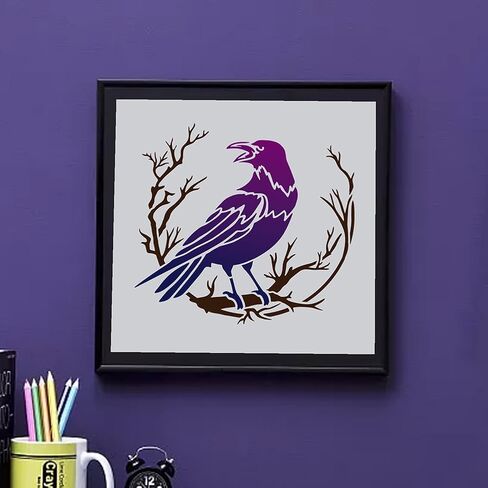Mayjoydiy Crow Branch Dervination Stencils 11.8 × 11.8 بوصة الغراب الكبير على الإستنسل الفرعي مع قالب رسم الطيور بدائية للفرشاة للفرشاة الخشبية للأثاث in Kuwait