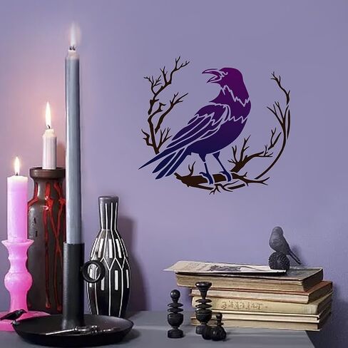 Mayjoydiy Crow Branch Dervination Stencils 11.8 × 11.8 بوصة الغراب الكبير على الإستنسل الفرعي مع قالب رسم الطيور بدائية للفرشاة للفرشاة الخشبية للأثاث in Kuwait