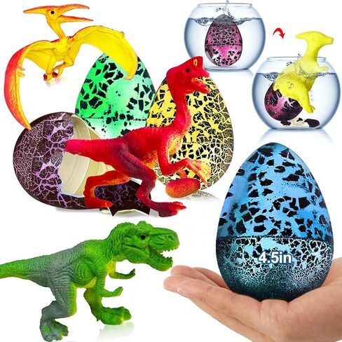 [ Fast Hatch 2 Hours] 4 Pack 4.5" Large Easter Dinosaur Eggs Hatching Surprise Eggs Grow in Water Crack Egg Science Toys Easter Basket Stuffers Gift for Toddler Kids Boys Girls Easter Eggs Hunt Party in Saudi Arabia