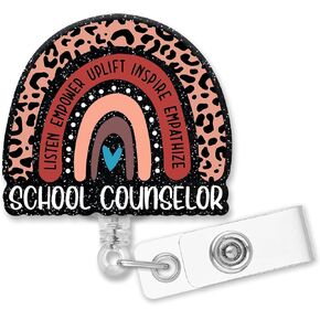 Retractable Listen Empower Pulift Inspire Empathize Badge Reel with Alligator Clip, Funny Black Glitter Rainbow Badge Holder Gift for School Counselor Teacher School Psychologist Therapist
