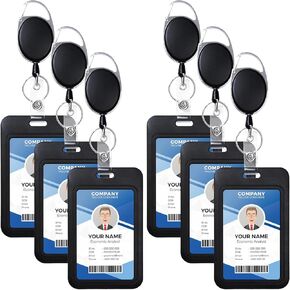 6 Pack Badge Holder and Heavy Duty Retractable Reel, Hard Black Vertical Plastic Card Case Protector, ID Badge Holders with Retractable Clip for Nurse Teacher Student Office Women Men