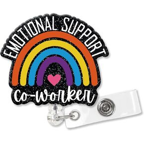 XQLZY Emotional Support Coworker Black Glitter Cute Badge Reel Retractable with Alligator Clip, Funny Rainbow ID Badge Holder Gift for Medical Assistant Office Colleague Social Worker Boss B