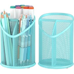 2 Pack Pen Holder Pen Organizer for Desk Mesh Round Pencil Holder Desktop Organizer 3 Compartments Pencil Organizer Desk Organizer for Office Home School, Black