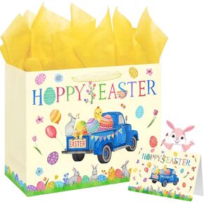 SOCOLER 13" Large Happy Easter Gift Bag with Tissue Paper and Card for Kids, Easter Egg Hunts