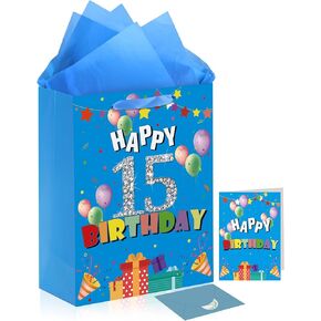 15th Birthday Gift Bag, Blue 15th Birthday Gift Wrap Bag with Tissue Paper and Card, Happy 15th Birthday Kraft Gift Bags Candy Wrapping Bags for Men Women, 15th Birthday Gift Party Supplies (15th)