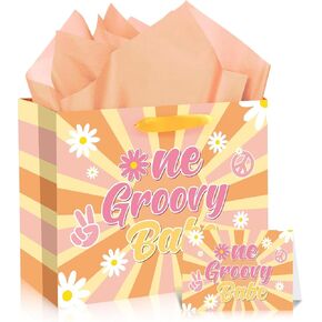 Groovy One Gift Bag Boho 1st Birthday Gift Bag for Girls with Card Tissue Paper, Daisy Flower Hippie First Birthday Wrapping Paper for Retro Birthday Baby Shower Party Gift Wrap Christmas Decorations Supplies