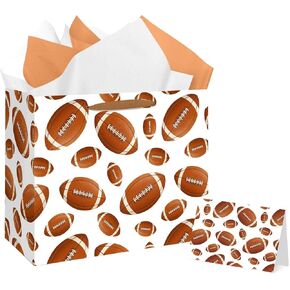 Jiaoiudi Football Party Bags with Tissue Paper Greeting Card Football Goodie Bags Large Football Gift Bags with Handles