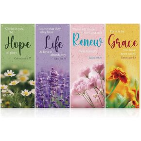 4Pcs Church Banners with Scripture for Sanctuary Wall Worship Classical Christian Banner Inspirational Religious Praise Hanging Sign Flower Scenic Welcome Backdrop for Church Sunday School Decoration
