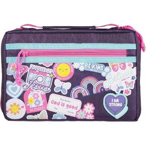 Christian Art Gifts Sturdy Polyester Fashion Bible Cover for Girls: I Am Strong Inspirational Scripture, Multicolor Stickered Design, Secure Zipper Pocket, Flowers & Rainbows, Purple & Pink, Medium