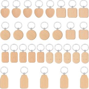 30 Pcs Wood Keychain Blanks, 6 Kinds Shape Wood Engraving Blanks Key Chain, Unfinished Wooden Key Tag for DIY Gift Crafts Christmas