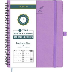 BEZEND 2 Year Monthly Planner 2025-2026 Medium Size 7" x 9" (Jan 2025 - Dec 2026) Spiral Calendar Book with Tabs, 120 GSM Thick Paper, Storage Pockets & Notes, PU Leather Softcover in Kiwi