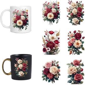 6pcs Rose Flower Floral Bouquet UV DTF Cup Wraps Transfer Waterproof Sticker for Glass Cups Furniture Craft DIY Crafts，Rub on Transfer Stickers for DIY Water Bottle Laptop Decal Wood Car