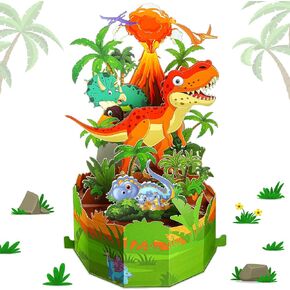 Dinosaur Birthday Card for Kids Pop up Birthday Cards 3D Paper Handcrafted Greeting Card Volcano Funny Gift for Son Children Nephew Grandchild on Any Occasion, Envelope and Note Tag Included