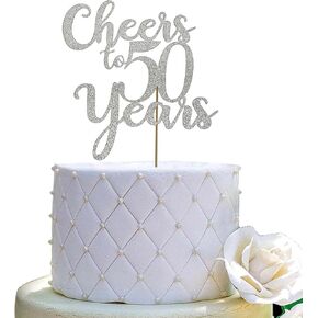 Cheers to 50 Years Cake Topper - 50th Birthday/Anniversary Party Decorations - Double Sided Gold Glitter