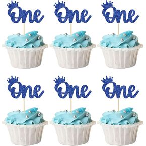24Pcs Crown Cupcake Toppers Blue Glitter Crown One Cupcake Toppers Prince 1st Birthday Crown Cupcake Decors for Prince Crown Theme Baby Shower Party Decoration Supplies