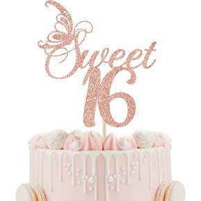 Sweet 16 Cake Topper, Happy 16th Birthday Cake Decorations, Cheers to 16 Years, Sweet Sixteen Birthday Party Decorations, Rose Gold Glitter
