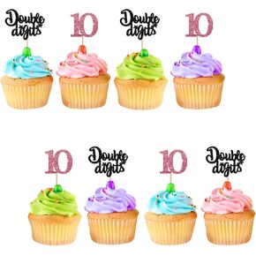24pcs 10th Birthday Cupcake Toppers, Double Digits Cupcake Decor, Number 10 Sign Cupcake Toppers, Black & Rose Gold Glitter Cake Decoration for 10th Birthday/Anniversary Party Supplies
