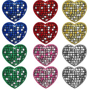 12Pcs Disco Ball Heart Iron on Patches Glitter Western Cowgirl Embroidered Applique Heart Music Party Embellishments Patches Bling Ball Sew on Patch for Bags Hat T-Shirts Jackets Jeans