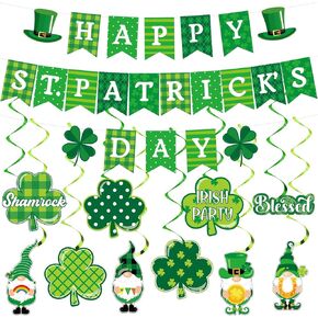 23 PCS St Patricks Day Decorations Shamrock Banner St Patricks Day Clover Swirl Shamrock Garland Gnome Streamers Green Ceiling Swirls for Irish Party Home Classroom Party Supplies