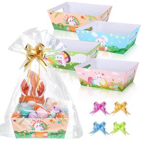 MADHOLLY Easter Basket - Sturdy Baskets for Gifts Empty, Large Easter Kids Gift Baskets Kit for Wrapping with Cellophane Bows for Party Favor Egg Bunny Party Supplies, 4 Set