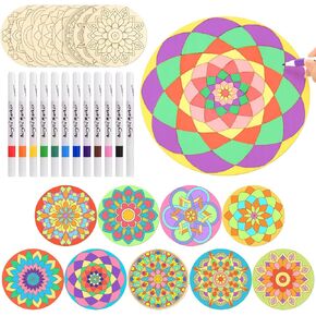 Gerrii 39 Pcs Wooden Mandala Painting Set 27 Unfinished Wood Mandala to Paint with 12 Markers Wood Slices for Adults Painting DIY Crafts Tags Gift Wedding Christmas Home Decors