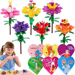 Hinzer 24 Pack Valentines Day Gifts for Kids Flowers Blocks Buidling Kits Toys with Valentines Chaking Cards for Kids Classroom Valentine Party Form
