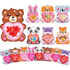 Valentines Cards for Kids Classroom, 48 Pack Animals Candy Cards with Clear Plastic Heart Domes for Toddlers, DIY Valentine Exchange Cards for School, Ideal Valentine Day Gifts For Boys Girls