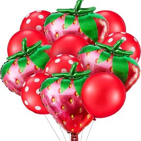 Sotiff 16 Pcs Strawberry Balloons Kit Red Aluminum Foil Balloons Sweet Birthday Berry First Birthday Decor Fruit Strawberry Baby Shower Wedding Party Decorations