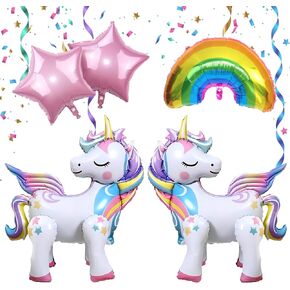 5 Pcs 3D Self-Standing Unicorn Balloons Set - Rainbow and Star Foil Balloons for Unicorn Balloons Party Birthday Supplies Decoration for Children