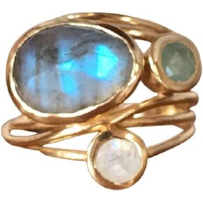 Unique 14K Gold Moonstone Aqua Blue Shell Ring Wedding Jewelry Gifts Size 6-10