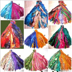 VintageFabuloz Vintage Sari Silk Tassels Ribbons Yarn 9 Colors 25 Strands Each Total 225 Strands 10" Long Ribbon Strips Journal Scrapbook Home Decor India Journal RNDM DS121 (225=Set2)