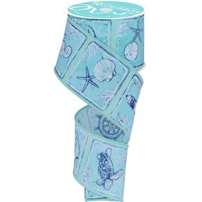 Coastal Blocks Wired Ribbon 2.5" x 10 Yards for Nautical, Ocean, Beach, and Summer Wreaths, Crafts, and Decoration - Seashells, Turtles, Lighthouses - White, Blue, Turquoise, Seafoam Green