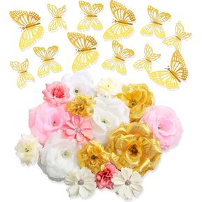 Knitgrip 27 Pcs DIY Graduation Cap Decorations Accessory Kit Include Faux Flower Heads and 3D Butterfly for Graduation Cap Decoration Home Decoration Craft Supplies(Pink Gold)