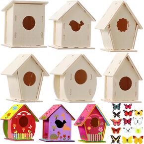 Sawysine 93 Pcs DIY Birdhouse Kits for Kids to Build, 36 Wooden Bird House 6 Shapes and 57 Butterfly Sticker for Children Spring Craft Activity Art Project DIY (Round Entrance)