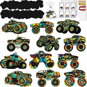 Kolldenn 96 Pcs Truck Scratch Off Paper Crafts Vehicle Scratch Off Cards Rainbow Art DIY Transportation Truck Party Favors for Project Craft Gift Birthday Party Decorations