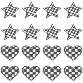 MECCANIXITY 16 Pcs Star Heart Checkered Iron On Patches Black White Embroidered Badge Garment Set for Jacket Denim Patches Collection Clothes Dress Hats Jeans DIY Accessory in Kuwait