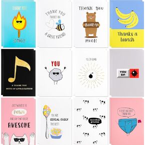 【12 Pack】Large Funny Thank You Cards – Big Size 5 x 7 Inch – Appreciation Cards and Pun Cards Printed on Premium Thick 350 GSM Paper – 12 Unique Eye Catching Designs in Funny Themes – Funny Greeting