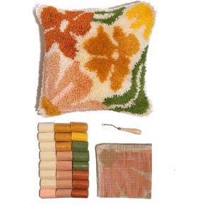 CRAFT CLUB Pretty Petals Cushion Kit DIY Home Decor Throw Pillow Pre Cut Yarn Wooden Latch Hook Set for Adults 43cm x 43cm Cushion Cover