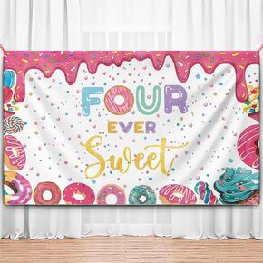 Donut Sweet 4th Birthday Party Decoration for Girls Donut Sweet Four Birthday Party Banner Sweet Fourth Birthday Party Backdrop Background Happy 4th Birthday Party Decoration Photo Booth Props(Four)