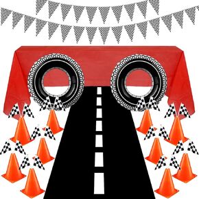 30 Pcs Checkered Racing Car Party Decorations Checked Race Flag Tablecloth Mini Traffic Cones Racing Pennant Banner Race Track Running Mat Tire Tubes Swimming for Decor (Red Tablecloth)