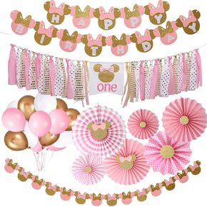 Minnie Girls 1st Birthday Party Supplies Pack - Minnie Happy Birthday Banner, High Chair Banner, Paper Fans, Garland, Pink & Gold Balloons (39 Pcs)